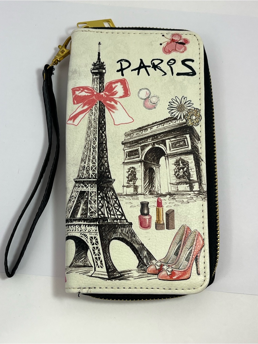 Paris Illustration Zip-Around Wristlet Wallet - Cream/Pink READ